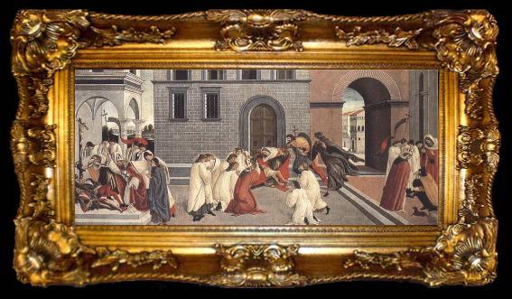 framed  Sandro Botticelli Three Miracles of St Zanobius:driving the demon out of two youths,reviving a dead child,restoring sight to a blind man, ta009-2
